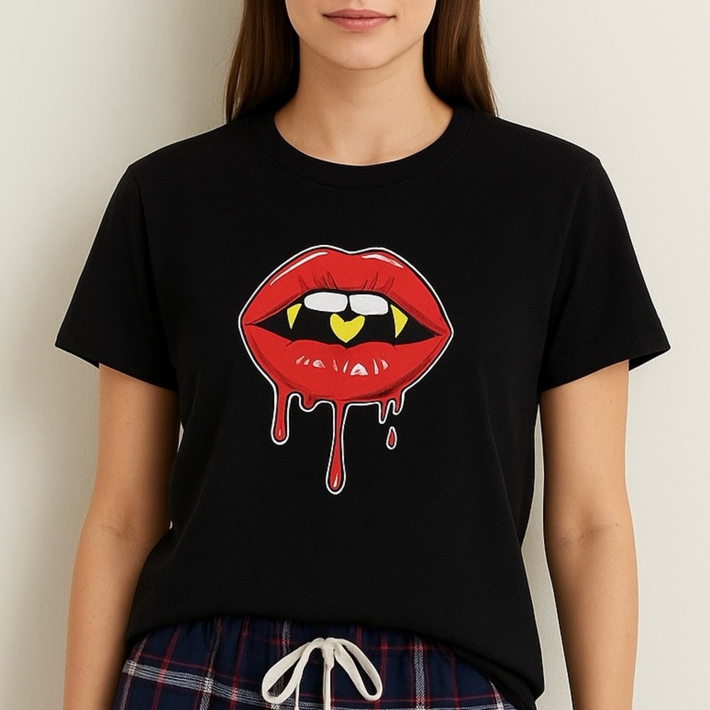 Alstyle Apparel Women’s Black Short Sleeve Graphic Lips Small